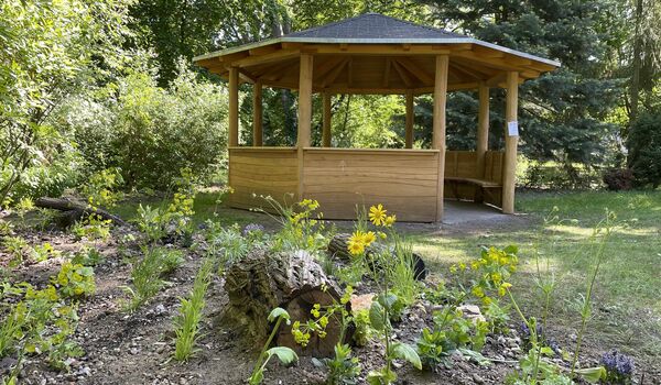Stadtnatur: Holzpavillon auf naturnah gestalteter Hoffläche in Berlin-Lichtenberg